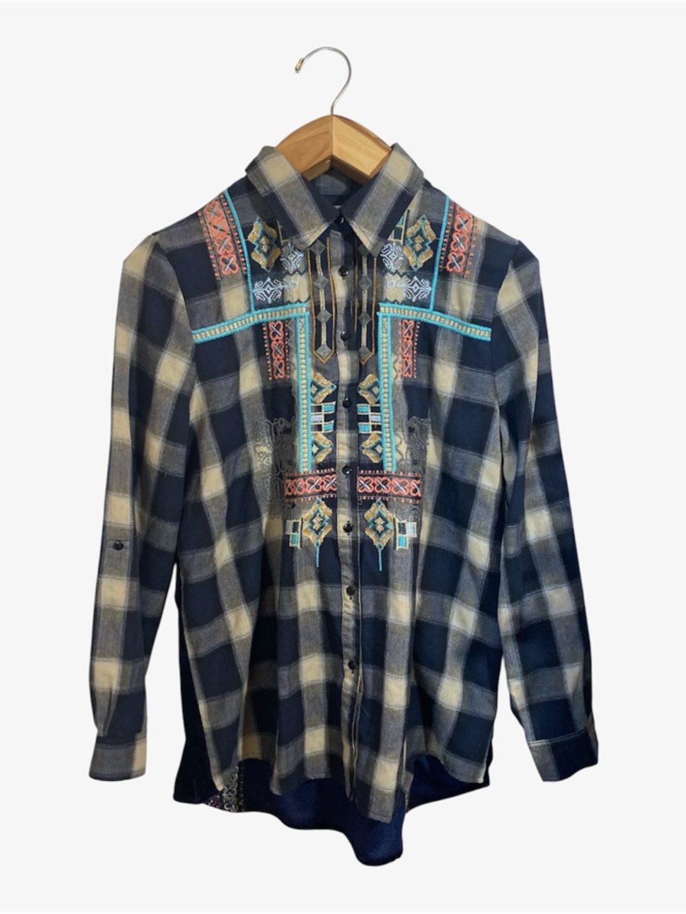 Paparazzi Boho Southwest Embroidered Button Up Velvet Plaid Shirt Size Medium